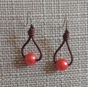 New Handmade Red Pearl & Brown Leather Dangle Earrings